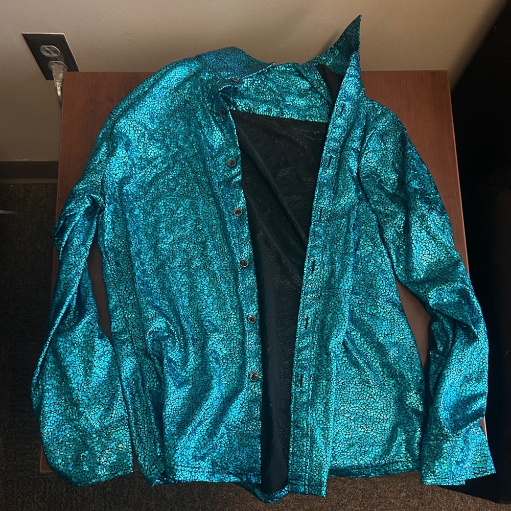 Chrome bright blue button up party shirt.